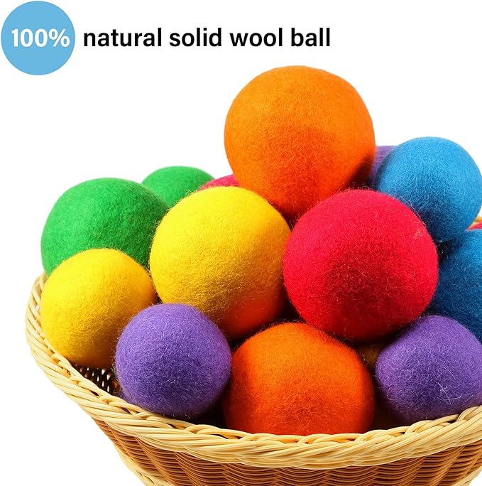 24 Pack Wool Dryer Balls, 3.15'', 2.4'' Reusable Laundry Balls Wool Balls Natural No Lint Fabric Softener Balls for Clothing Wrinkles(Rainbow)