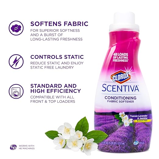 Clorox Scentiva Laundry Care, Liquid Fabric Softener Fabric Conditioner - Beautiful Tuscan Lavender & Jasmine Scent - Leaves Behind a Great Smell - 41 Fluid Ounce Bottle