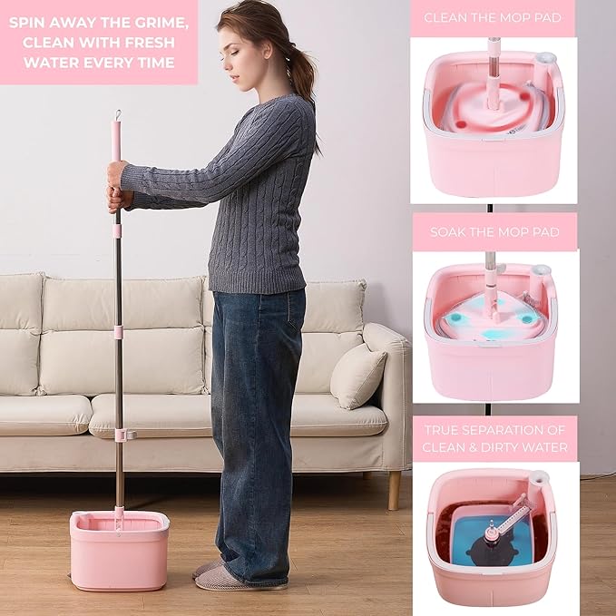 True & Tidy® True Clean Mop and Bucket System, Includes Square Spin, Dual Compartment Mop Bucket and 2 Thick Machine Washable Pads New Upgraded with Side Brush with StickyPro XL Lint Roller
