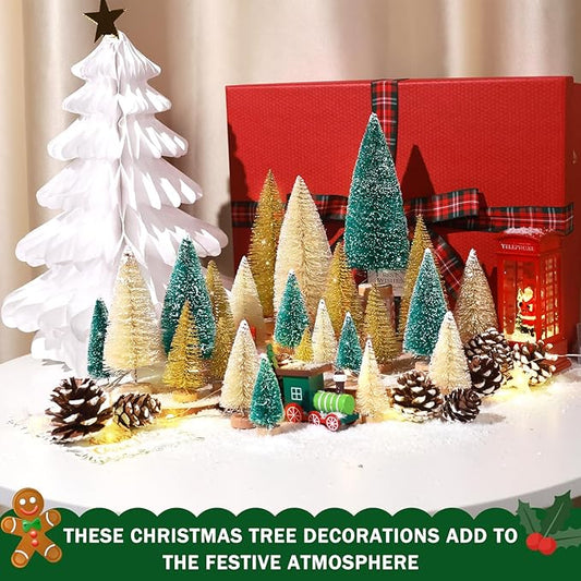 Set of 35PCS Mini Christmas Tree, Christmas Pine Cones, 2oz Fake Snow Powder, Mixed Christmas Decoration, Xmas Village Displays Winter DIY Crafts (Green-Golden-Beige)