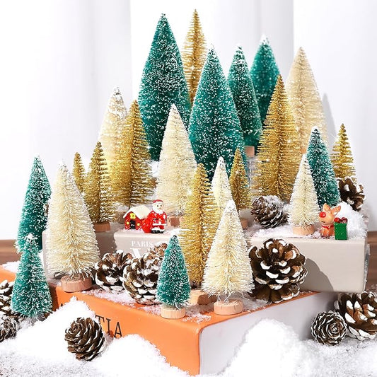 Set of 35PCS Mini Christmas Tree, Christmas Pine Cones, 2oz Fake Snow Powder, Mixed Christmas Decoration, Xmas Village Displays Winter DIY Crafts (Green-Golden-Beige)