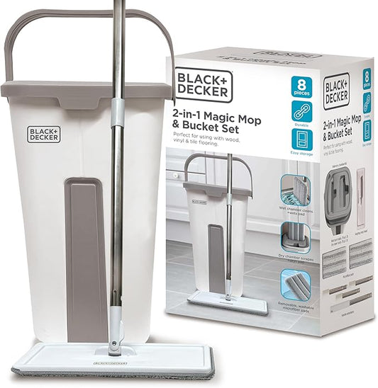 BLACK+DECKER Magic Mop with Bucket, Wet and Dry Chambers, 56" Handle, Washable Microfiber Pads
