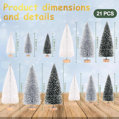 Waipfaru Christmas Table Decor, Bottle Brush Christmas Trees, 21 Pcs White Mini Christmas Trees, Farmhouse Pine Trees for Xmas Tabletop Crafts Indoor Home Decorations (Sliver & White)