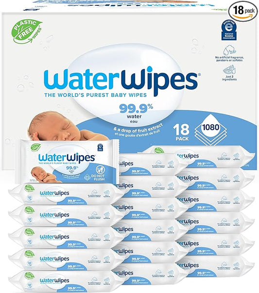 WaterWipes Plastic-Free Original Baby Wipes, 99.9% Water Based Wipes, Unscented & Hypoallergenic for Sensitive Skin, 1080 Count (18 packs)