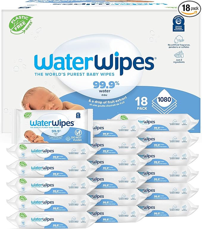 WaterWipes Plastic-Free Original Baby Wipes, 99.9% Water Based Wipes, Unscented & Hypoallergenic for Sensitive Skin, 1080 Count (18 packs)