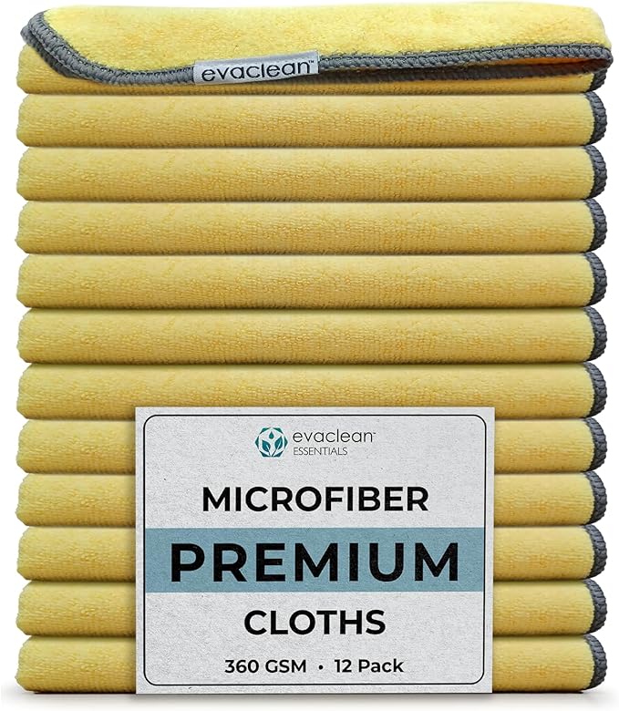 EvaClean Premium Microfiber Cleaning Cloth 16"x16" - Reusable, Washable, Non-Scratch, Microfiber Towels for Cleaning, Dusting, Polishing, High Absorbency & Durability, Yellow, 12-Pack