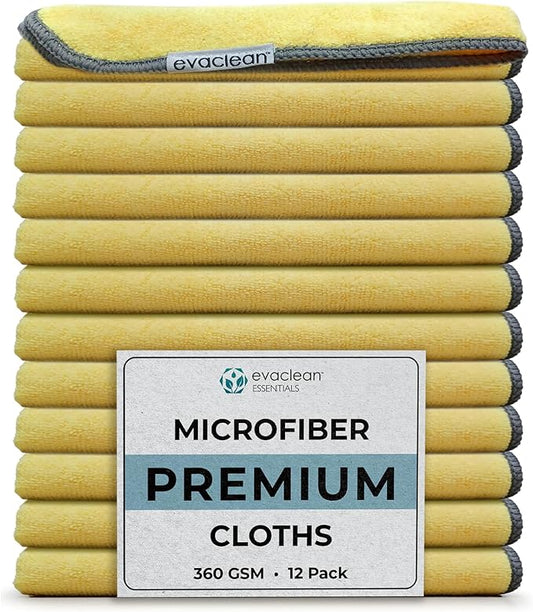 EvaClean Premium Microfiber Cleaning Cloth 16"x16" - Reusable, Washable, Non-Scratch, Microfiber Towels for Cleaning, Dusting, Polishing, High Absorbency & Durability, Yellow, 12-Pack