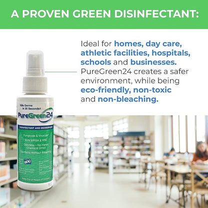 PureGreen24 Safe & Effective Disinfectant. Kills Deadly Germs including RSV COVID-19 Norovirus MRSA Staph 2025 flu Bird flu Contains no toxic chemicals odorless child & pet safe 2 32oz spray bottles