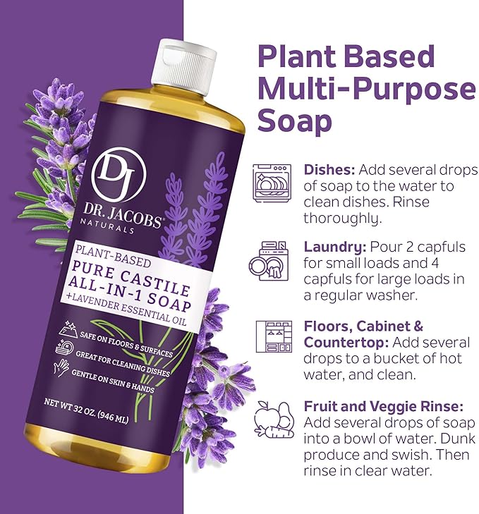 Dr. Jacobs Naturals Lavender Castile All-In-One Cleaner and Soap, Effective Plant-Based Formula for House Cleaning. Eco-friendly for Home Essentials and the Planet (32 Fl Oz, 1 Pack)