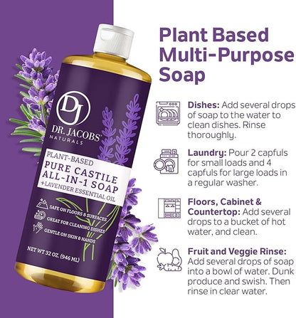 Dr. Jacobs Naturals Lavender Castile All-In-One Cleaner and Soap, Effective Plant-Based Formula for House Cleaning. Eco-friendly for Home Essentials and the Planet (32 Fl Oz, 1 Pack)