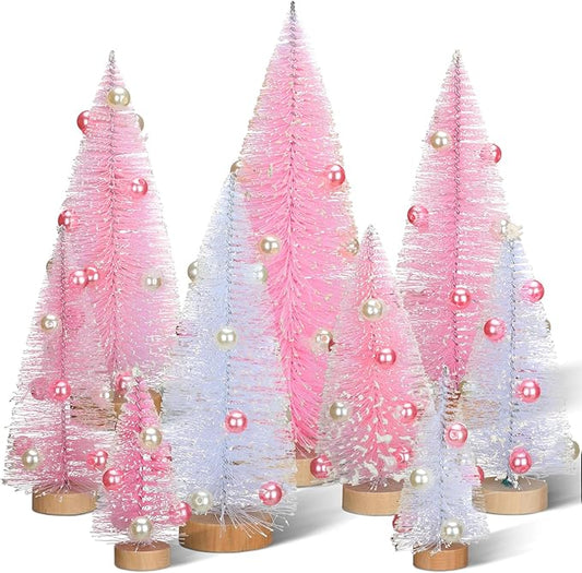 Leyndo 9 Pcs Pink Pearl Color Mini Sisal Bottle Brush Trees Small Artificial Christmas Tree with Wood Base Christmas Pine Decor for Winter Home Table Party Decor