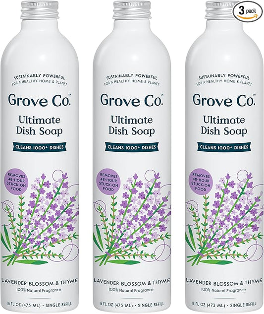 Grove Co. Ultimate Dish Soap Refills (3 x 16 Fl Oz) Removes 48-hr Stuck-on Food and Grease, Plastic Free Cleaning Products, 100% Natural Lavender Blossom & Thyme Fragrance