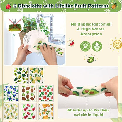 Lucomb Reusable Swedish Kitchen Dish Cloths, 8 Pack Replace Paper Towels Quick Drying Kitchen Sponges Dish Rags for Dishes Washing Home Cleaning Window Glass Wipes (Mixed Fruit)