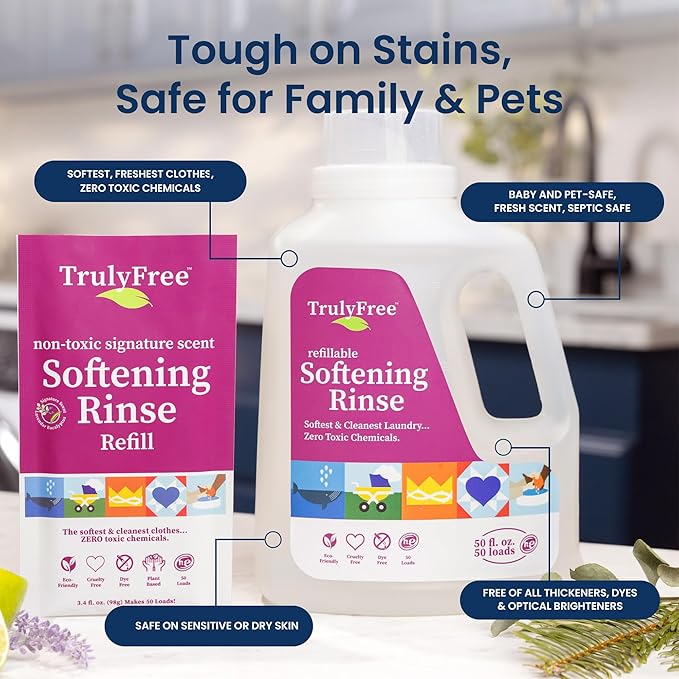 Fabric Softening Conditioner for Clothes| Safe for Babies & Kids with Sensitive Skin | Plant-Based | Include 1 Refillable 50oz Bottle with Measuring Cap| Signature Scent Rinse(200 Loads)