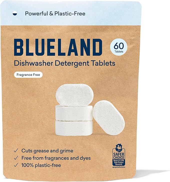 BLUELAND Dishwasher Detergent Tablets, 60 Count, Unscented 100% Plastic-Free Eco Friendly Dishwashing Pods, Natural, Sustainable