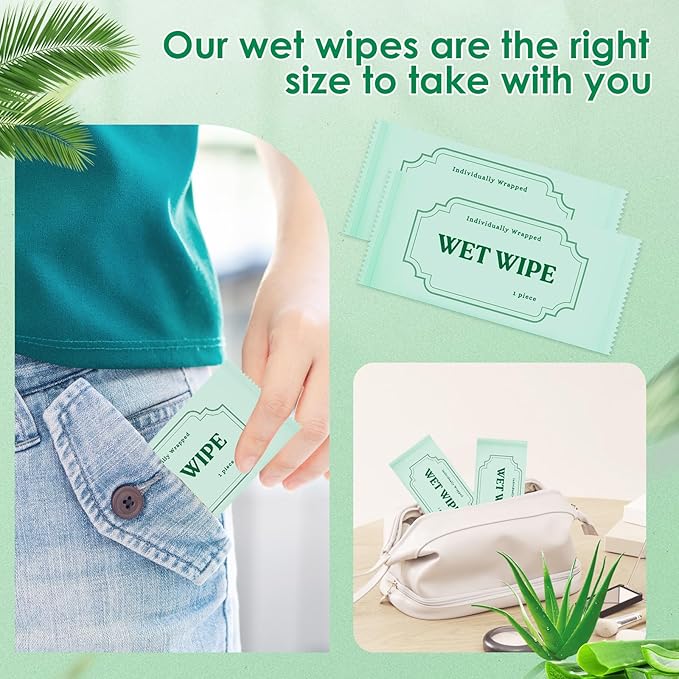 300 Pack Wet Wipes Individually Wrapped,Aloe Vera Hand Wipes,Wet Wipe Bulk Individual Hand Wipe,Travel Size Wipes Quick Hand Cleaning for Travel Wedding Restaurant Barbecue(Green)