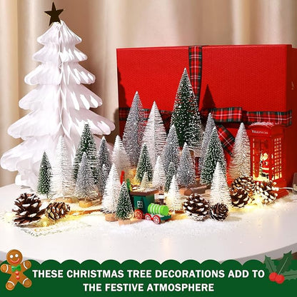 Set of 35PCS Mini Christmas Tree, Christmas Pine Cones, 2oz Fake Snow Powder, Mixed Christmas Decoration, Xmas Village Displays Winter DIY Crafts (Green-Silver-White)