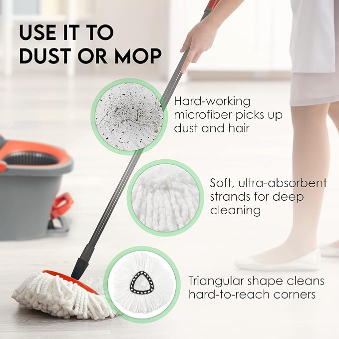 Turbo Mops Mop Refills - Pack of 4 Compatible with Ocedar Mop Refill Heads for Easy Wring Tank - Polyester Spin Mop Heads for Cleaning, White﻿﻿﻿﻿