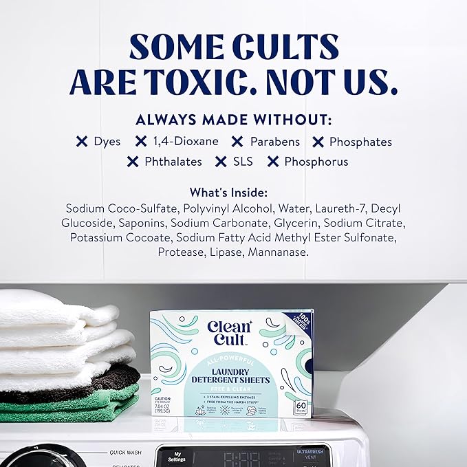 Cleancult Laundry Detergent Sheets - Resealable Box - 3 Stain Fighting Enzymes - Fragrance Free - 60 Loads - Free of Harsh Chemicals - No Mess - No Plastic Waste