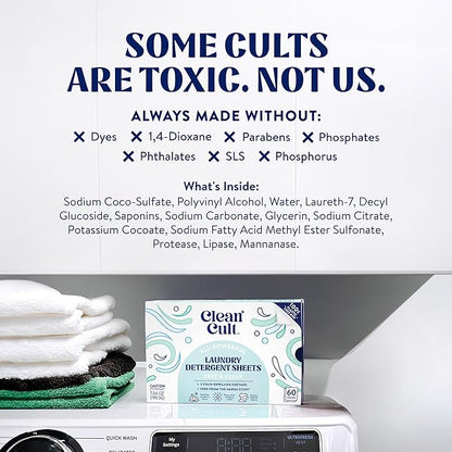 Cleancult Laundry Detergent Sheets - Resealable Box - 3 Stain Fighting Enzymes - Fragrance Free - 60 Loads - Free of Harsh Chemicals - No Mess - No Plastic Waste