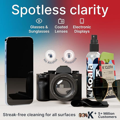 Koala Eyeglass Lens Cleaner Spray Kit | (2x) 8oz + (1x) 2oz Glasses Cleaner Bottle + (3x) Microfiber Cloth | Alcohol Free Eyeglasses, Screen, and Camera Cleaning Kit (6 Piece Set)