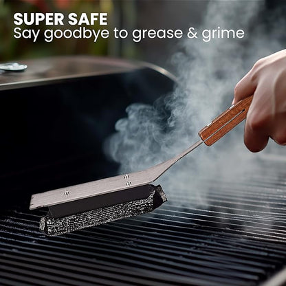 Grill Scrubber and Scraper for Barbecue with Replaceable Scrubber Head – Grill Cleaner for Outdoor Grill with Extended 16” Large Wooden Handle -No Scratch on Grill by Dhampooh