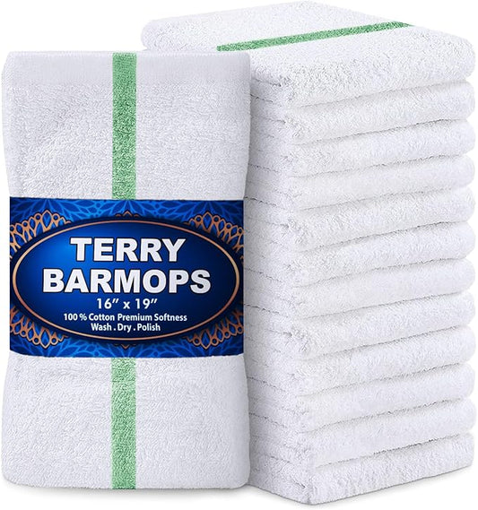 GREEN LIFESTYLE Green Stripe Terry Kitchen Bar Mops 28 Oz- 16 X 19 inches, Highly Absorbent, Ultra-Light, and Durable, Pack of 12