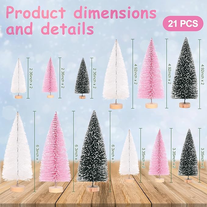 Waipfaru Pink Christmas Decorations, Mini Bottle Brush Christmas Trees, 21 Pcs Miniature Small Pine Trees for Xmas Tabletop Crafts Indoor Table Home Decor (Pink & White)