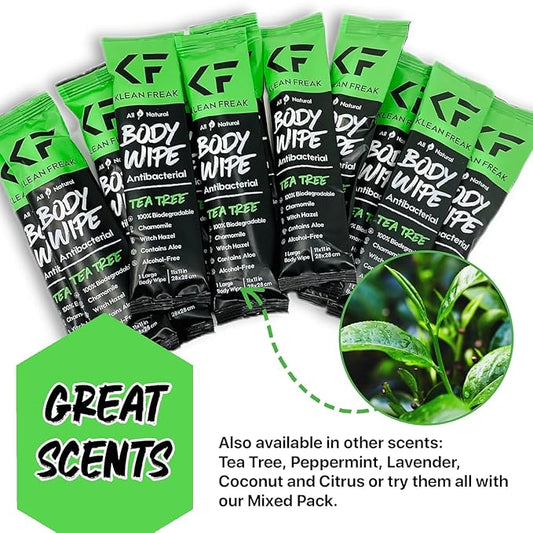 Body 12-Count Wipes - Original Disposable Wipes, Individually Wrapped for the Gym, Workout, Hiking, Travel, and Sport (Tea-Tree)
