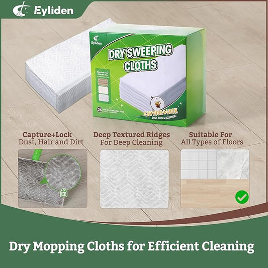 Eyliden Disposable Mop Starter Kit with 60 Refills -1 Sweeper Mop, 12 Wet Mop Cloths, 12 Heavy-Duty Pet Hair Mop Pads, 36 Dry Sweeping Cloths