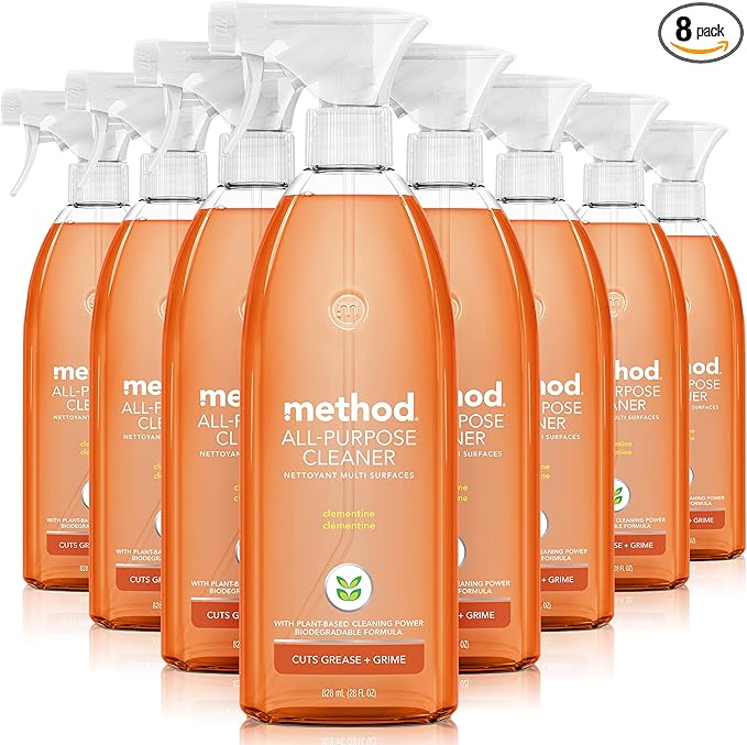 Method All-Purpose Cleaner Spray, Clementine, Plant-Based and Biodegradable Formula Perfect for Most Counters, Tiles, Stone, and More, 28 Oz Spray Bottles, (Pack of 8)