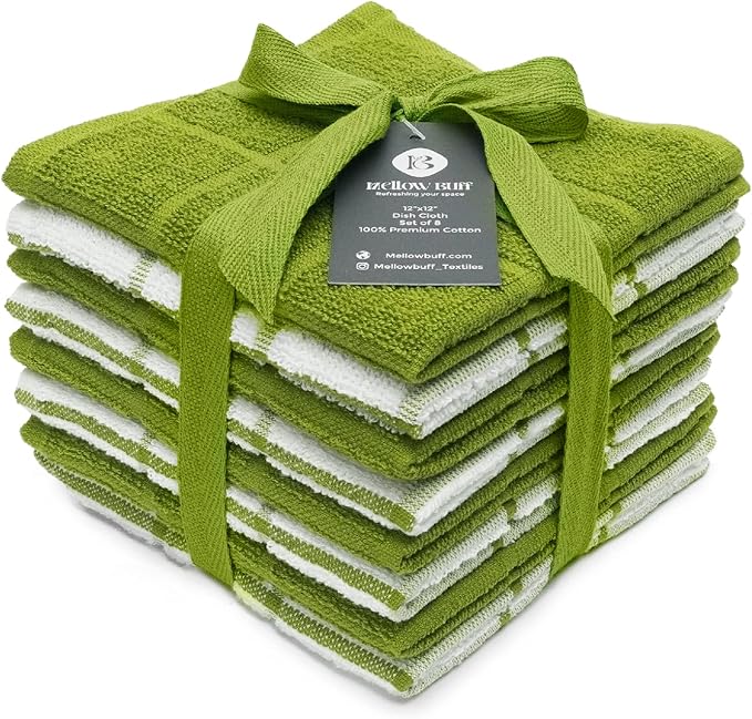 100% Cotton Dish Cloth for Dish Washing, Terry Dish Cloth, Cotton Dish Rags, 8 Pack, Super Soft and Absorbent,12"x12" inches, Reusable Cleaning Cloth, Green Dish Cloth (Solid and Checks)