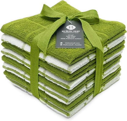 100% Cotton Dish Cloth for Dish Washing, Terry Dish Cloth, Cotton Dish Rags, 8 Pack, Super Soft and Absorbent,12"x12" inches, Reusable Cleaning Cloth, Green Dish Cloth (Solid and Checks)
