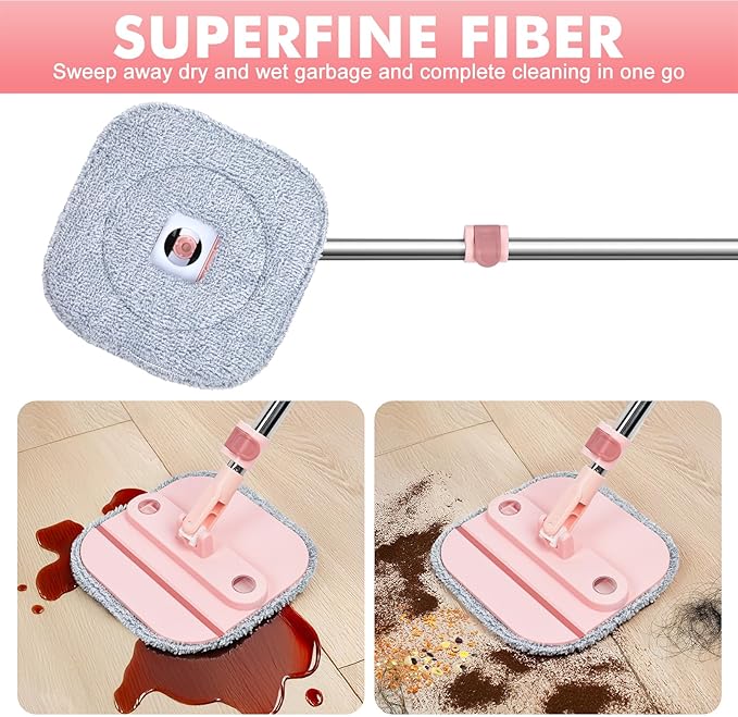 Upgraded Spin Mop and Bucket Self-Standing Mop Bucket Separate Dirty and Clean Water System Self Wringing 360° Rotating & 90° Foldabl Mops and Buckets for Floor Cleaning (Pink, 14Pads)