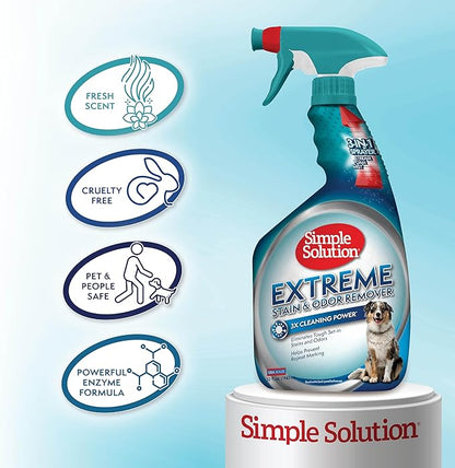 Simple Solution Extreme Pet Stain and Odor Eliminator Spray, Pee Stain Remover, Enzyme Cleaner, 3X Pro-Bacteria Cleaning Power, Dog Odor Remover, 32 oz and Gallon