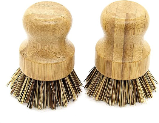 AUEAR, Natural Bamboo Dish Scrub Brush Cleaning Pot Scrubber Brushes Coconut Bristles for Cast Iron Skillet Pots Pans (2-Pack, Deep Color)