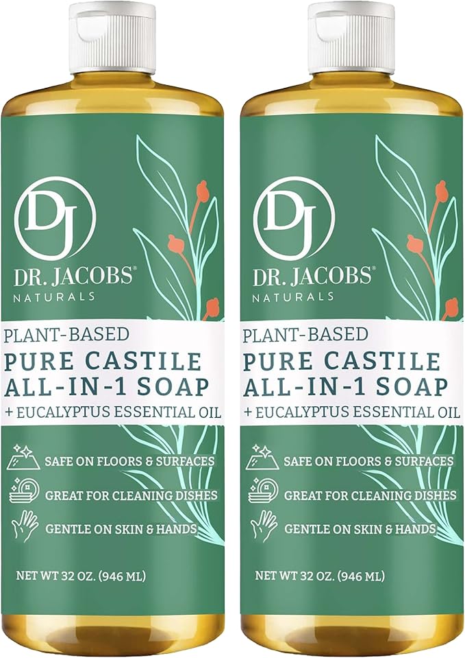 Dr. Jacobs Naturals Eucalyptus Castile All-In-One Cleaner and Soap, Effective Plant-Based Formula for House Cleaning. Eco-friendly for Home Essentials and the Planet (32 Fl Oz, 2 Pack)