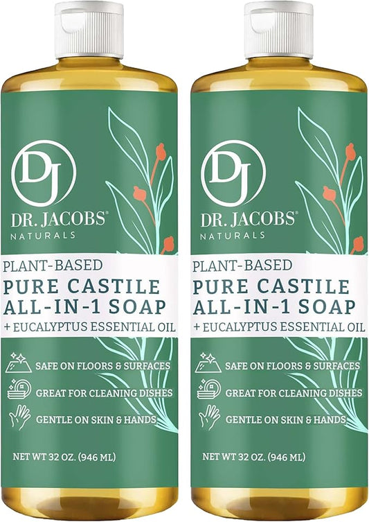 Dr. Jacobs Naturals Eucalyptus Castile All-In-One Cleaner and Soap, Effective Plant-Based Formula for House Cleaning. Eco-friendly for Home Essentials and the Planet (32 Fl Oz, 2 Pack)