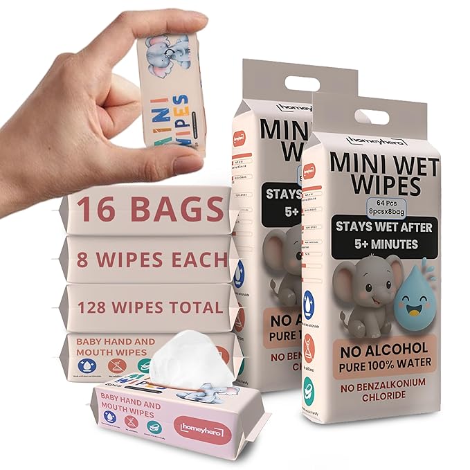 Mini Wet Wipes - Alcohol & Fragrance Free, Safe for Babies & Kids - 16 Bags Total 128 Wipes (Sunset Elephant)
