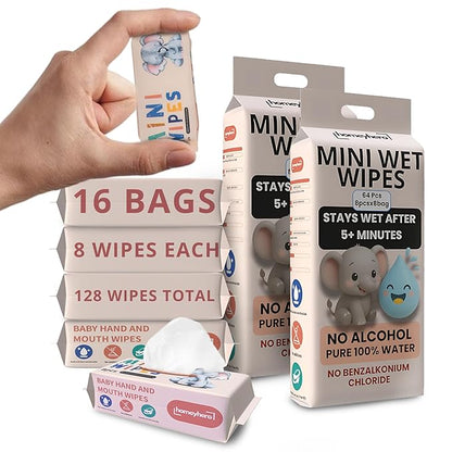 Mini Wet Wipes - Alcohol & Fragrance Free, Safe for Babies & Kids - 16 Bags Total 128 Wipes (Sunset Elephant)