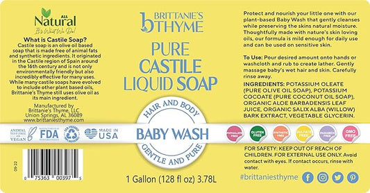Brittanie's Pure Organic Castile Liquid Olive Oil Soap Refill, Baby, 1 Gallon | Face, Body Wash, Dishes, Pets & Laundry | Vegan & Gluten Free Non-GMO