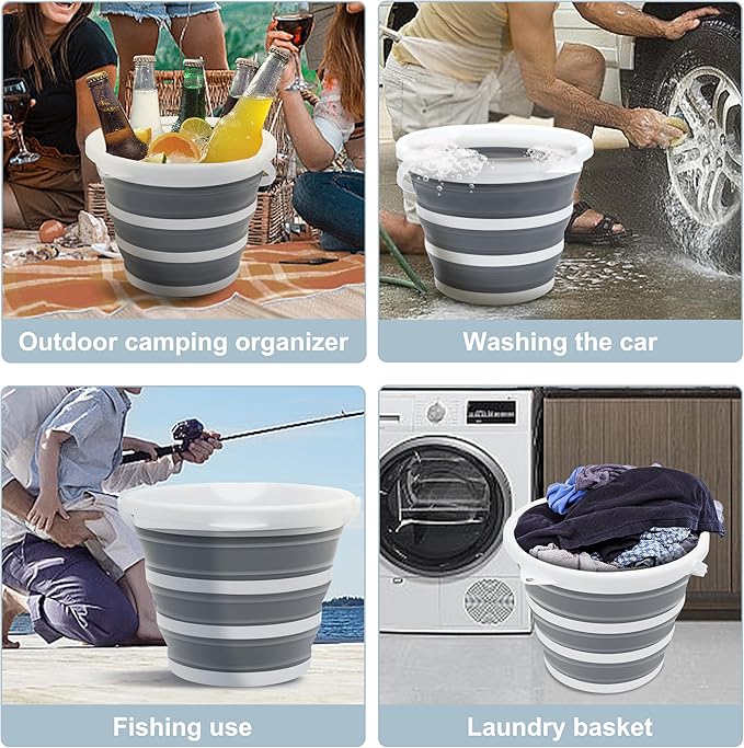 Collapsible Bucket Mop Bucket 2.6 Gallon(10L) for House Cleaning, Travel, and More - Lightweight, Foldable, and Portable for Outdoor Adventures(Grey-Round)