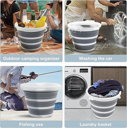 Collapsible Bucket Mop Bucket 2.6 Gallon(10L) for House Cleaning, Travel, and More - Lightweight, Foldable, and Portable for Outdoor Adventures(Grey-Round)