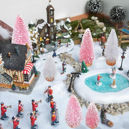 Leyndo 48 Pcs Pink Artificial Mini Christmas Tree Xmas Sisal Bottle Brush Trees with Wood Base Christmas Decor for Xmas Party Table Top Winter Ornaments Home Kitchen Crafts