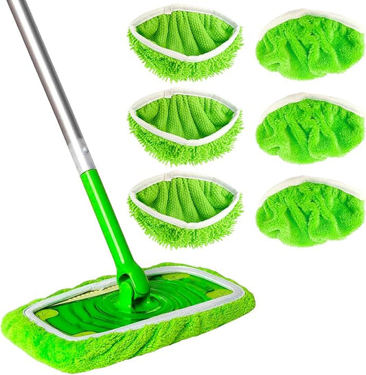 6 Pack Reusable Microfiber Mop Pads for Swiffer Sweeper Mop (10-12in), Washable Mop Replacement Pads for Wet and Dry Mop, Flat Dust Mop Refills for Hardwood Floor Cleaning