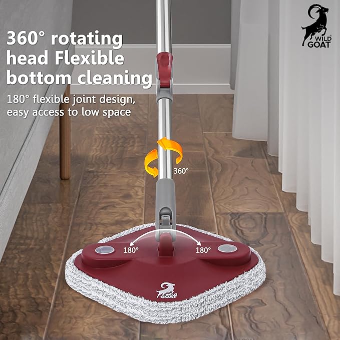 WILD GOAT Clean Water Spin Mop - Including 3 Heavy Duty Machine Washable Cleaning Pads with Wall Mountable Mop Holder - Dual-Chamber Bucket, Separates Clean & Dirty Water - 360° Rotatable Mop Head