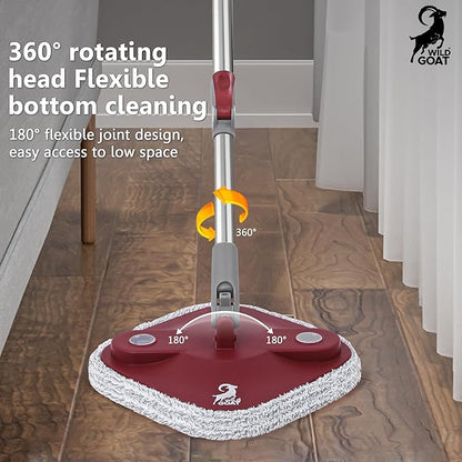 WILD GOAT Clean Water Spin Mop - Including 3 Heavy Duty Machine Washable Cleaning Pads with Wall Mountable Mop Holder - Dual-Chamber Bucket, Separates Clean & Dirty Water - 360° Rotatable Mop Head