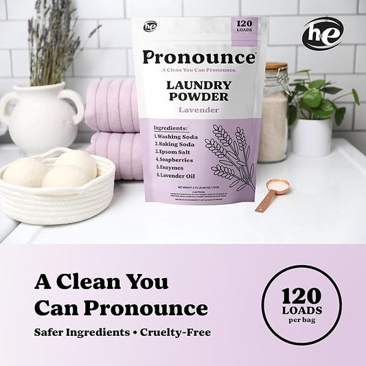 Pronounce Laundry Detergent Powder Alternative | Earth-Derived Ingredients, Eco-Friendly, Safer for Sensitive Skin, Eczema, and Babies. Stain + Smell Fighting. HE Safe (Lavender, 120 Loads).