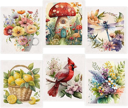 Morigins Spring Flowers Bird Swedish Dish Cloths - 6 Pack Reusable Compostable Kitchen Cloth, Cellulose Sponge Dish Towel Set