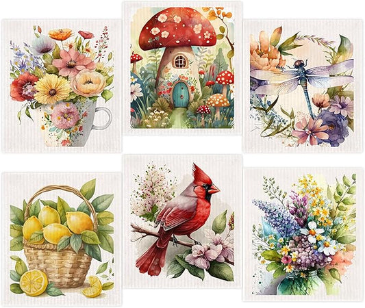 Morigins Spring Flowers Bird Swedish Dish Cloths - 6 Pack Reusable Compostable Kitchen Cloth, Cellulose Sponge Dish Towel Set